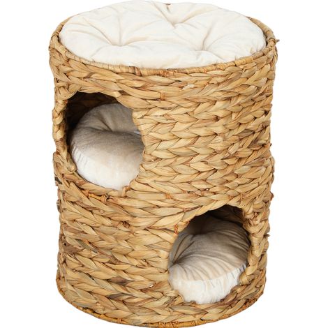 Kratztonne en rotin d'eau avec 2 niches et coussins, ø40 x 50 cm, tour pour chat jusqu'à 3,5 kg, couleur beige clair (1/5)