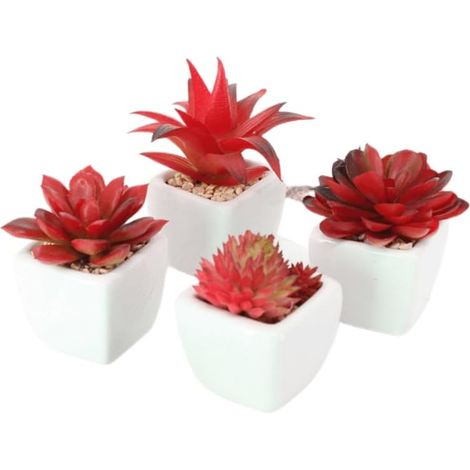 Lot de 4 Mini Plantes succulentes artificielles en céramique pour décoration d'intérieur, décoration de Jardin (Rouge) (1/5)