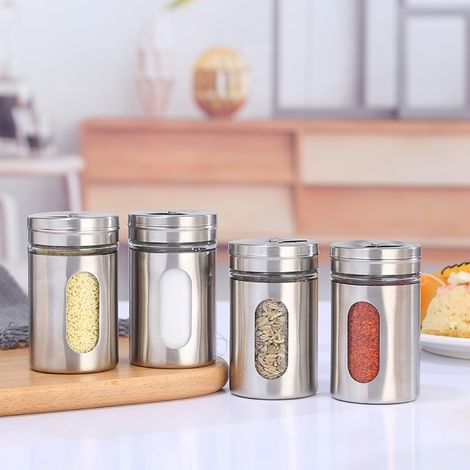 Set di 4 barattoli per spezie da cucina in argento, da 100 ml ciascuno, con filtro regolabile e finestra trasparente barattoli per spezie in vetro e acciaio inossidabile.