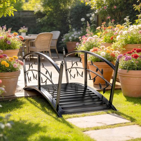 Noires - Pont de jardin métallique de 1,2 m Pont décoratif d’étang doté de rampes de sécurité et design en feuilles