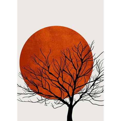 Tableau coucher de soleil rouge blanc & noir | Tableau moderne pour salon | Tableau sur toile arbre idéal chambre adulte 0,5 x 0,7 m (1/2)