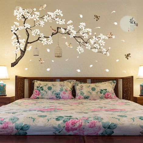Stickers Muraux Branche de Fleur Autocollants Muraux Fleur Rose de Style Chinois Sticker Mural Fleurs Arbre Oiseaux pour Salons Chambres Bureaux Canapé Fond Décoration Murale (1/5)
