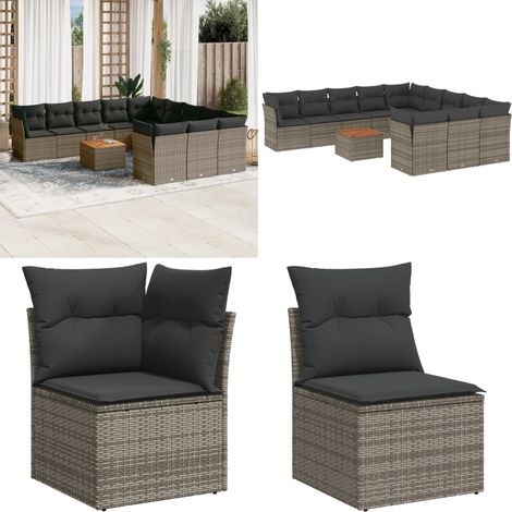 12-tlg. Garten-Sofagarnitur mit Kissen Grau Poly Rattan - Gartenmöbel Set - Outdoor Möbel - Rattan Sofa - Lounge Set - Esstisch - Home & Living (1/5)