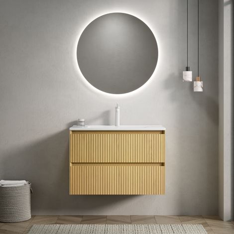 Meuble vasque mural 75 cm avec vasque céramique blanche, 2 tiroirs, chêne doré (1/5)
