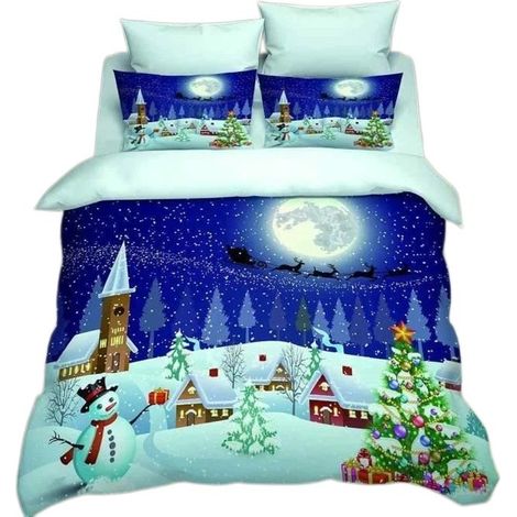 Parure de lit une place imprimée en 3D, bleue, 140 x 200 cm, microfibre, motif de Noël enneigé (1/5)