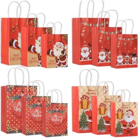 Sac Cadeau Noel, 12 PCS Sac Papier Kraft Poignée Noël, Sachet Bonbons Anniversaire Durable, Pochette Cadeau Grands, Moyens et Petits pour Noël, Fête Du Thé, Mariage et Fêt
