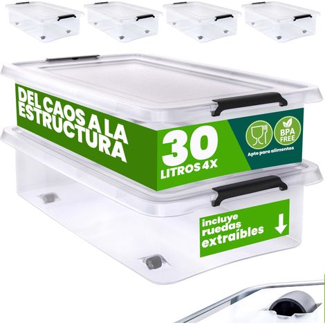 DEUBA® Caja Almacenamiento Plástico Transparente Resistente Capacidad 30 ó 60 Litros Organizador con Tapa 4 Ruedas Libre de BPA Contenedor Apilable 4x 30L (de)