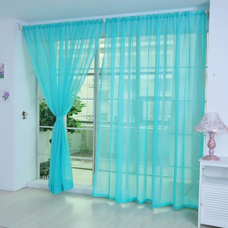 Rideau Voile - Filtre Lumière Douce - Pour Porte et Fenêtre Intérieure - 200 cm x 80 cm - Lavable en Machine - Lot de 2 - Bleu Ciel (1/2)