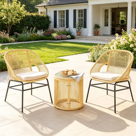 Conjunto de jardín exterior de 2 sillones y mesa redonda con cojines beige (1/5)