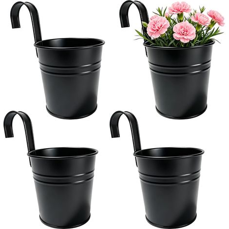 4 Pièces Pots de Fleurs Suspendus en Métal, 16 cm Seau à Fleurs Suspendu avec Crochet Amovible et Trous de Drainage, Pot de Fleur Exterieur pour Balcon, Jardin, Balustrade, Noir (1/5)