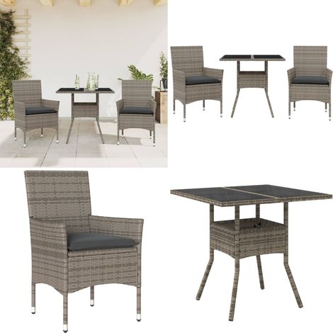3-tlg. Garten-Essgruppe mit Kissen Grau Poly Rattan und Glas - Gartentisch - Gartenmöbel Set - Outdoor Möbel - Esstisch - Gartenset - Home & Living