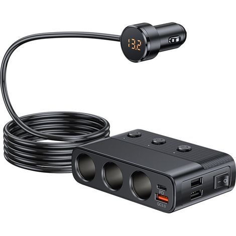 Car Charger Cigarette Lighter Splitter, 7-in-1 Car USB Charger 3-Way Cigarette Lighter Adapter with Switches Power Socket PD & QC3.0 Car Plug Adapter Fast Charging for Phone Laptop Dashcam