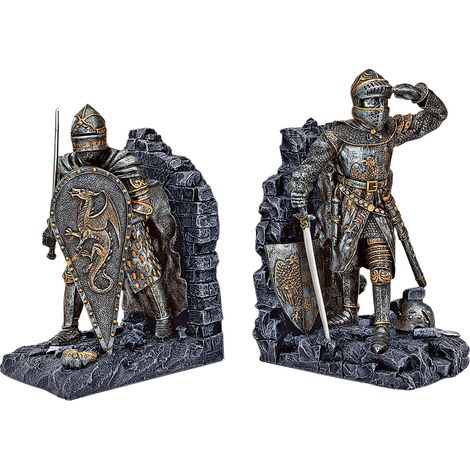 Design Toscano Cavalieri di Re Artù Decorazione Medievale Statue reggilibri, poliresina, pietra grigia, 20,25 cm, confezione da due (1/4)