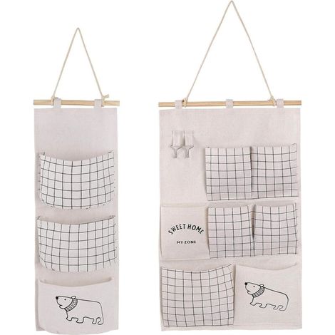 Sac de Rangement Mural 2 Styles Tissu Lin Organisateur avec Petites Poches pour Maison Bureau，（beige）