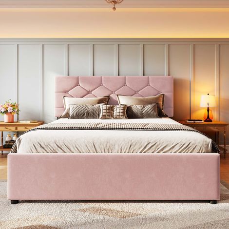 Lit coffre 140x200 cm avec lit gigogne 90x190 cm, sommier à lattes, tête de lit capitonnée, velours rose, sans matelas (1/5)