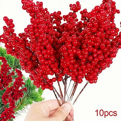 Rameaux De Baies Artificielles - 22 Cm - Faux Houx Rouge Pour Décoration De Noël Et Saisonnier - Lot De 10 (1/5)