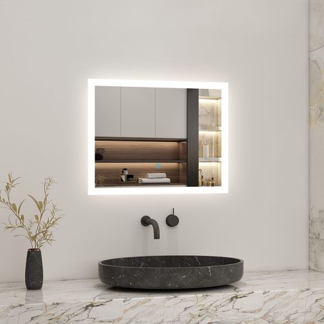 Miroir de salle de bain rectangulaire illumination LED intégrée avec fonction anti-buée 80cmx60cm Horizontal/Vertical Blanc froid (1/5)