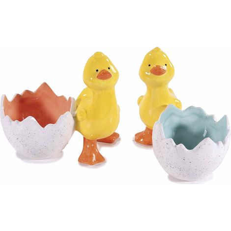 Contenitori pasquali a forma di a uovo in ceramica con interno colorato e pulcino, set da 4 pezzi, cm 13,5 x 8,5 x 12 H