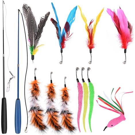 Jouet à Plumes pour Chats 13PCS, Rétractable Canne a Peche Jouet 2 bâtons de Baguette avec 11 Plumes de Remplacement Recharges, Interactifs pour l'intérieur Chats et Chatons (1/5)