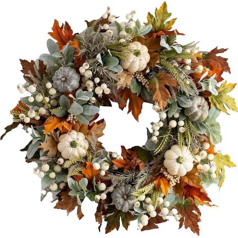Herbstkranz für die Haustür, künstlicher Kürbiskranz (45 cm/18 Zoll), Erntedankkranz, Ahornblattkranz (1/5)