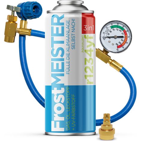FROSTMEISTER 3in1 400ml - Bomboletta R1234yf + Tubo con Manometro + Adattatore KIT SELF-SERVICE ARIA CONDIZIONATA