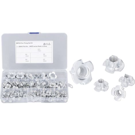 80-teiliges T-Muttern-Set, 5 Spezifikationen, Kohlenstoffstahl, weiß verzinkt, rostbeständig, hohe Härte, 4-zinkige T-Muttern (1/5)