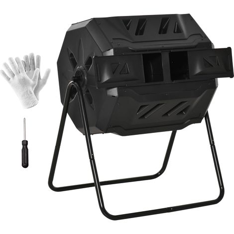 Compostiera da giardino rotante rapida 71 x 64 x 96 cm doppia camera 160 l 16 fori di ventilazione rialzata moderna essenziale in PP nero 210004199