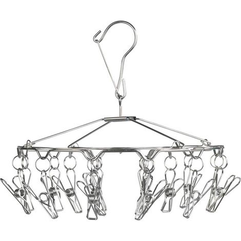 Etendoir Chaussettes à Suspendre, séchoir sous vêtements avec Crochet de Suspension, 18 Pinces à Linge, Acier INOX, Ø 27x26 cm, Brillant (1/3)