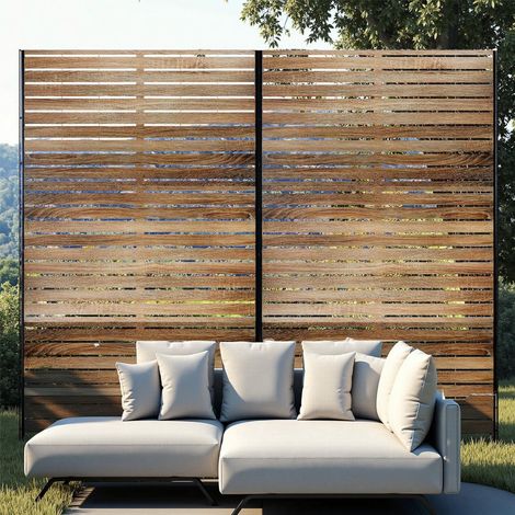 Outdoor Privacy Screen - Galvanized Steel - Wooden Stripes Design - for Garden, Patio, Balcony (1/5)