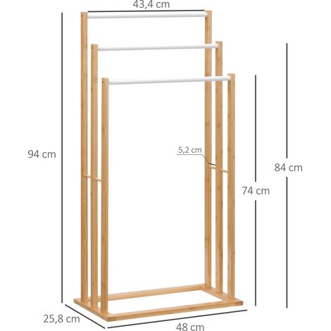 Porte-serviettes en bambou. Modèle 3 pièces, 3 barres porte-serviettes, 48 cm x 25,8 cm x 94 cm, naturel et blanc (1/5)