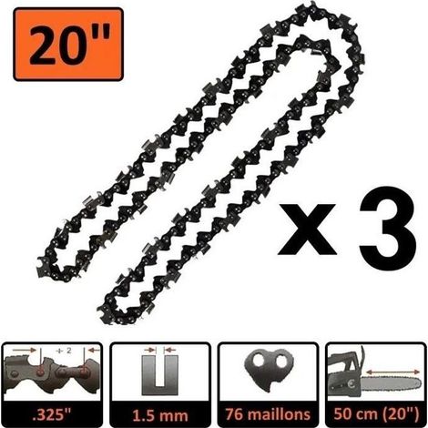 Chaînes pour tronçonneuse - FOLAYA - Lot de 3 - 20 pouces - 76 maillons - 1,5 mm d'épaisseur (1/2)