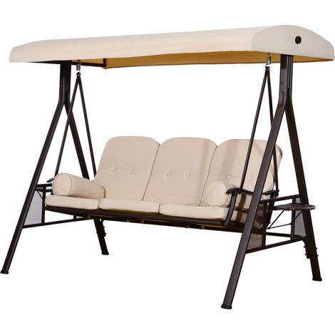 Balancelle 3 places Toit inclinaison réglable Coussins Plateaux rétractables 121x208x172cm Beige