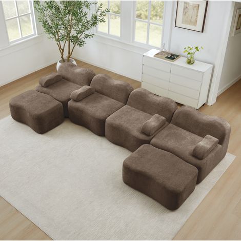 Sofá modular en U 384x167x70 cm marrón de terciopelo con 2 otomanas y diseño ondulado (1/5)