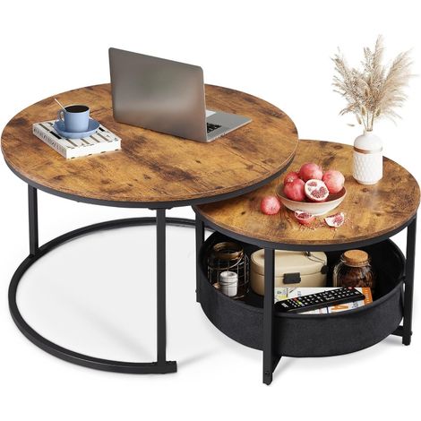 WLIVE Couchtisch 2er-Set, runde Tische mit 80cm und 60cm Durchmesser, Stauraum und Metallgestell, geeignet für Wohnzimmer, rustikal braun (1/4)