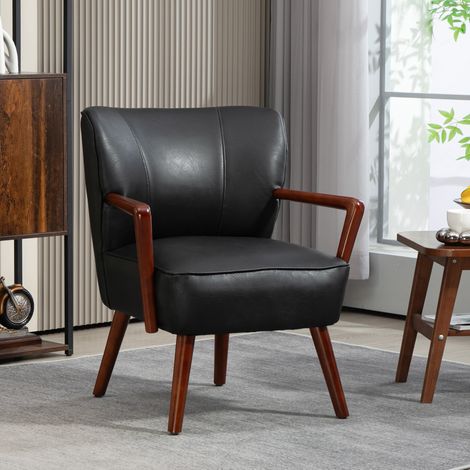 Fauteuil rembourré noir avec accoudoirs, pieds en bois et revêtement similicuir,67x77x80 cm (1/5)