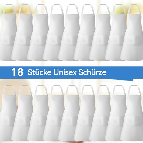 18er-Pack Küchenschürzen, Schürzen mit 2 Taschen, Latzschürzen für Küche, Grillen, Malen, Kochen, Weiß, für Damen und Herren, 60 x 70 cm (1/5)