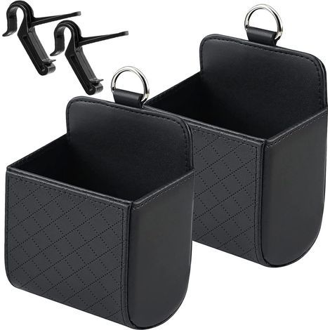 Lntyq 2 Pièces Organisateur de Sortie D'aération de Voiture en Cuir, PU avec Crochet Pochette Universelle de Rangement Voiture pour Le Stockage comme Stylo Clé de Téléphone Portable (Noir) (1/5)