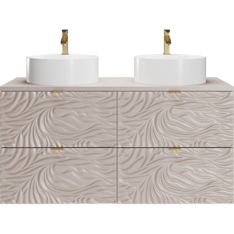 Mobile bagno sospeso testurizzato con doppio lavabo da appoggio rotondo Beige 120 cm - RINAREL (1/4)