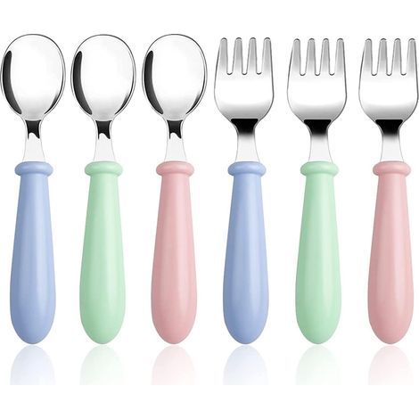 HONORNIC - Ensemble de 3 ou 6 pièces de fourchettes et cuillères pour bébé, en acier inoxydable, avec manches ronds. (1/5)