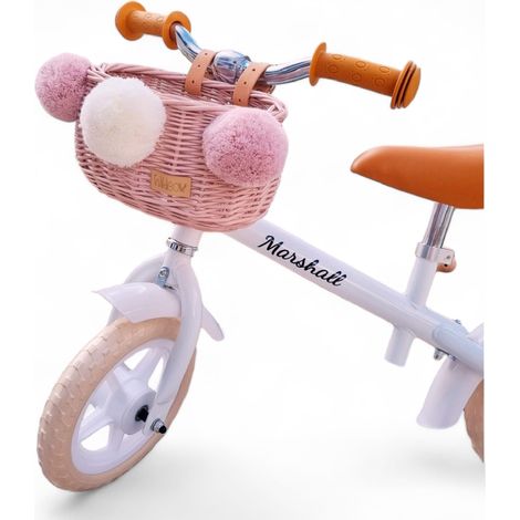 Panier en osier pour draisienne, rose, avec sangles, Dumpy MINI avec pompons.