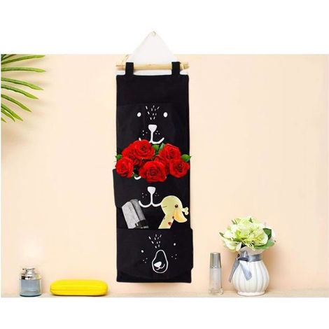 Sac de rangement suspendu en tissu avec motif ours noir, 3 poches, grande capacité, idéal pour ranger les vêtements. (1/4)