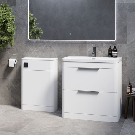 Oslo Gloss White 1350mm Vanity Unit Toilet Suite with Fina Basin - 1350mm - Gunmetal Grey 300mm Finger PullWithout Jubilee Toilet Pan