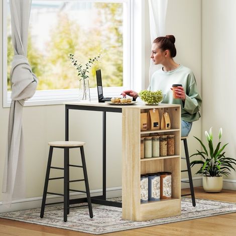 Bartisch-Set mit 2 Barhockern, mit Offenem Stauraum, Fußstützen, aus Stahl, Schwarz (1/5)