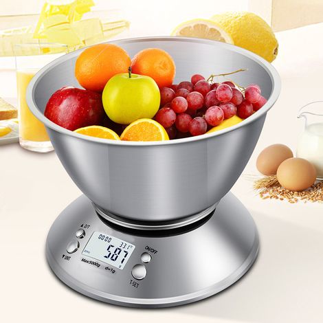 Balance de cuisine électronique multifonctionnelle et précise avec grand écran numérique et bol mélangeur en acier inoxydable - Capacité maximale : 5 kg-AquaForge (1/5)