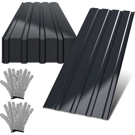 Jiubiaz Kit de toiture en tôle ondulée, 24 panneaux 129 x 46 cm, tôle profilée, anthracite, pour dépendance et poulailler (1/5)