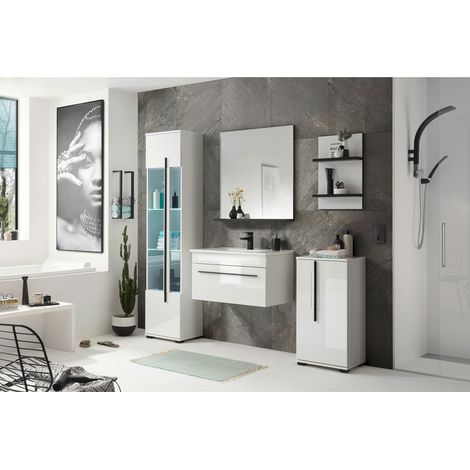 Badezimmer Kombination mit Waschbecken und Beleuchtung CHARLESTON-61 in Hochglanz weiß, B/H/T: ca. 190/200/45 cm (1/5)