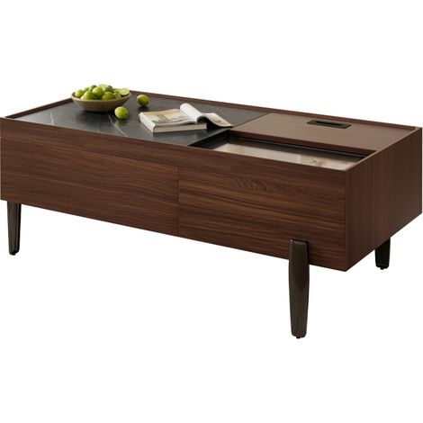 Table basse de salon avec rangement, verre et effet marbre, marron foncé