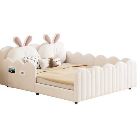 Lit double rembourré 140x200 cm - avec coussins en forme de lapin - avec sommier à lattes - beige(sans matelas) (1/5)