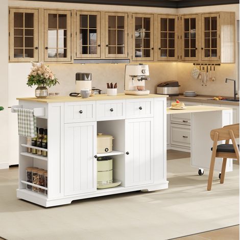 Barra móvil de 138 (213)x55x93 cm, isla de cocina con mesa extensible, almacenamiento, puertos USB y acabado en blanco natural (1/5)