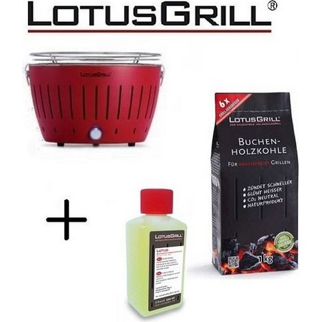 Barbecue Rosso con Batterie e Cavo di Alimentazione USB + 1Kg di Carbonella di Faggio + Gel Combustibile Inodore per Barbecue 200ml -Lotus Grill (1/3)